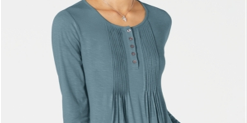 Style & Co Women's Long Sleeve Pintuck Top Blue Size XS