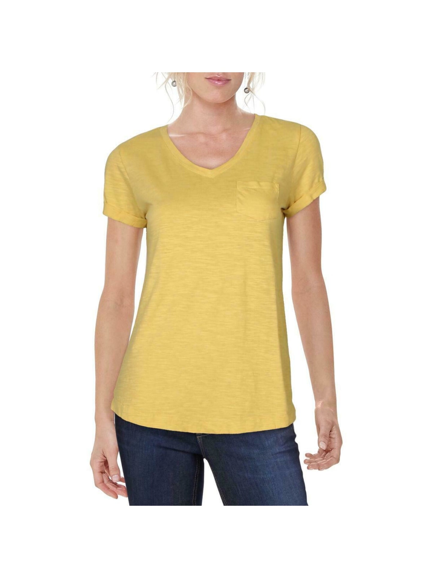 Style & Co Women's Pocket V Neck T-Shirt Yellow Size Petite X-Large