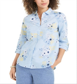 Charter Club Women's Floral Print Linen Blend Shirt Blue Size XS