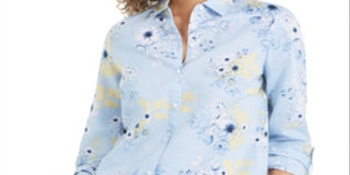 Charter Club Women's Floral Print Linen Blend Shirt Blue Size XS