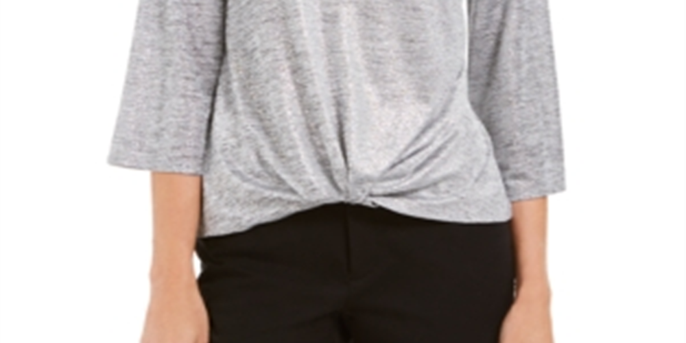 JM Collection Women's Twist Hem Metallic Top Silver Size Petite XL