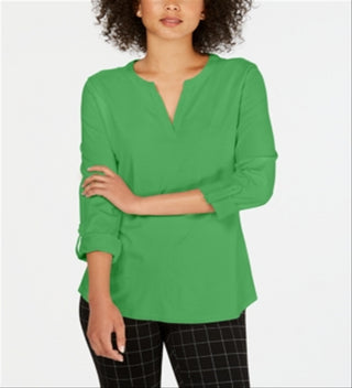 Charter Club Women's Supima Cotton Split Neck Top Green Size S