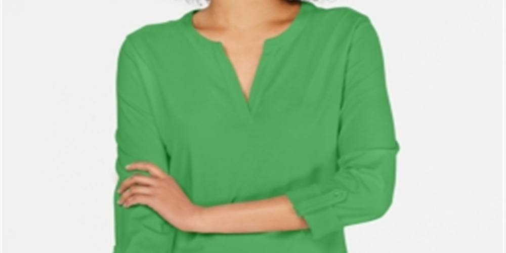 Charter Club Women's Supima Cotton Split Neck Top Green Size S