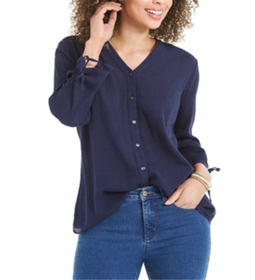 Charter Club Women's Gauzy Tie Sleeve Blouse Blue Size M
