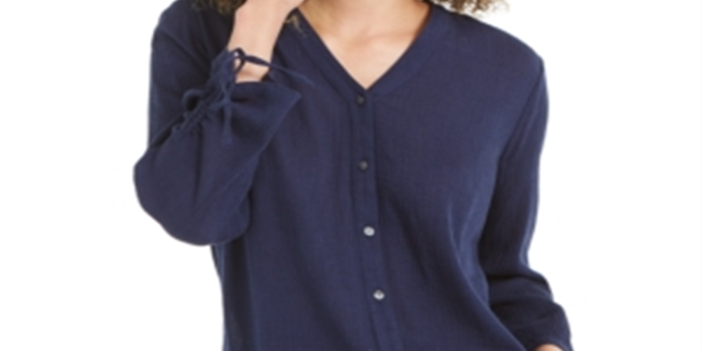 Charter Club Women's Gauzy Tie Sleeve Blouse Blue Size M