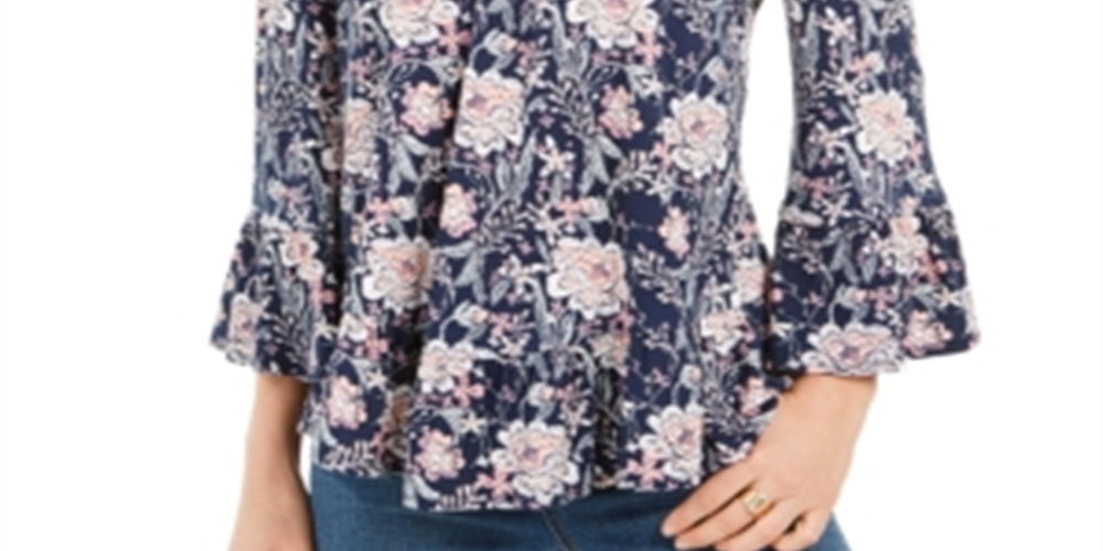 Style & Co Women's Floral Print Lantern Sleeve Off the Shoulder Top  Blue Size XS
