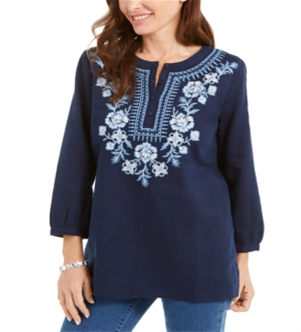 Charter Club Women's Metallic Embroidery Linen Blend Tunic  Blue Size L