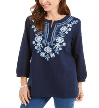 Charter Club Women's Metallic Embroidery Linen Blend Tunic  Blue Size L