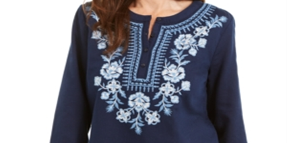 Charter Club Women's Metallic Embroidery Linen Blend Tunic  Blue Size L
