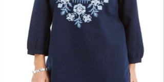 Charter Club Women's Metallic Embroidery Linen Blend Tunic  Blue Size L