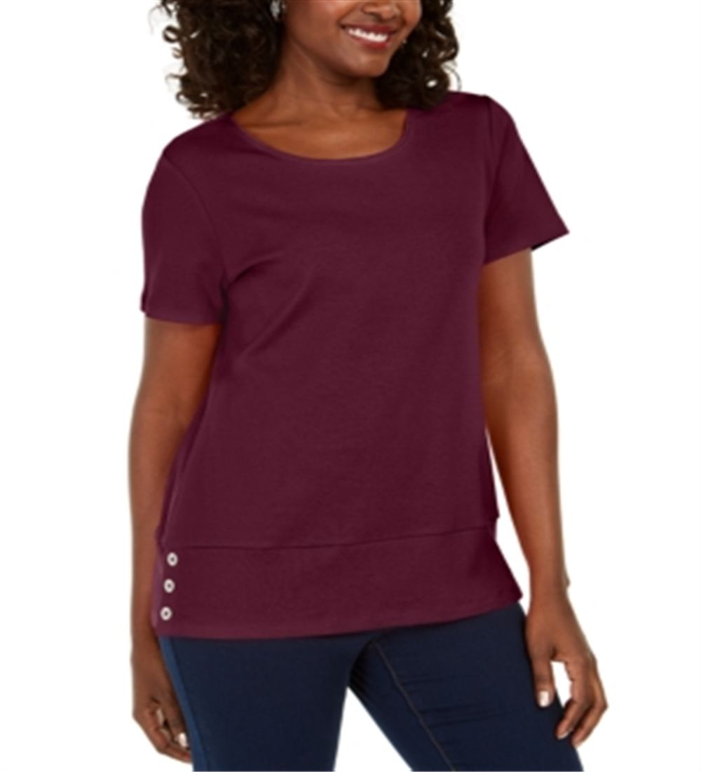 Karen Scott Women's Button Hem Scoop Neck Cotton Top Maroon Size S