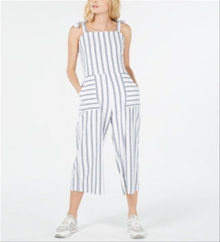 Monteau Women's Striped Cropped Jumpsuit -White Size Petite XL