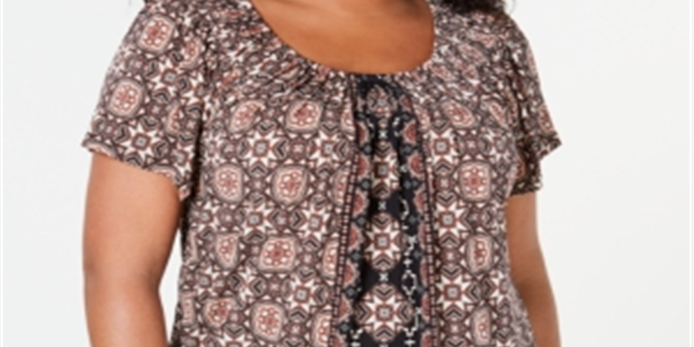 Karen Scott Women's Plus Printed Pleated Blouse Brown Size XXL