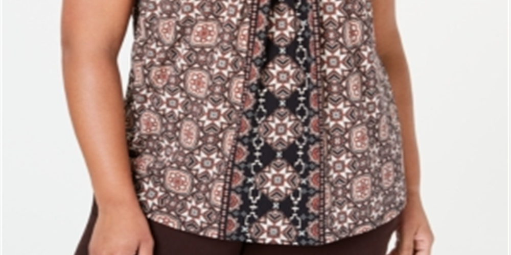 Karen Scott Women's Plus Printed Pleated Blouse Brown Size XXL