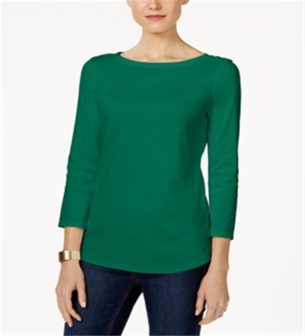 Charter Club Women's Pima Cotton Boat Neck Button Shoulder Top Green Size Small