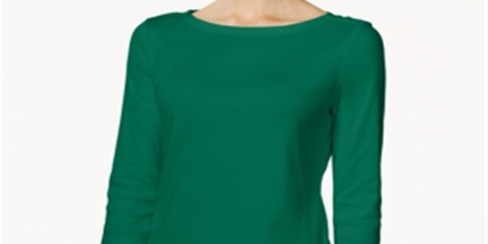 Charter Club Women's Pima Cotton Boat Neck Button Shoulder Top Green Size Small