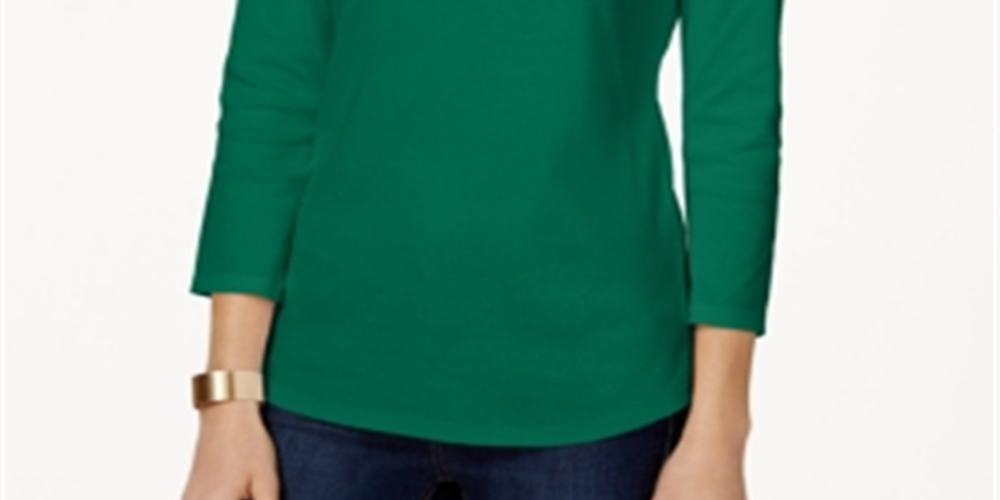 Charter Club Women's Pima Cotton Boat Neck Button Shoulder Top Green Size Small