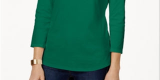 Charter Club Women's Pima Cotton Boat Neck Button Shoulder Top Green Size Small