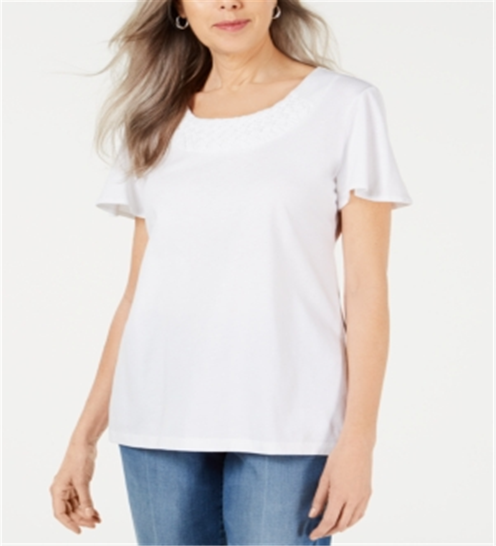 Karen Scott Women's Basketweave Trim Flutter Sleeve Top White Size Small