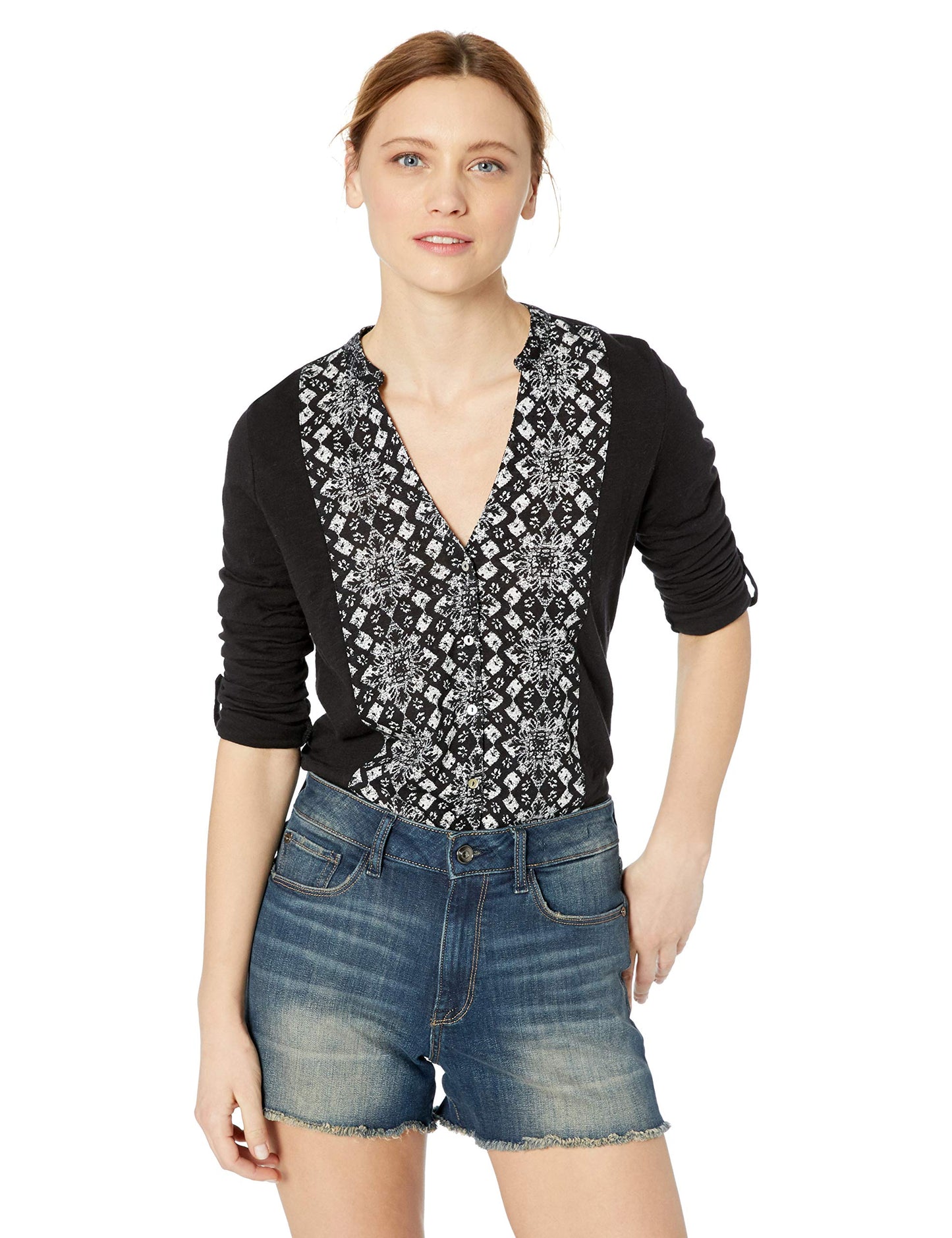 Lucky Brand Women's Printed Button Front Top Black Size M