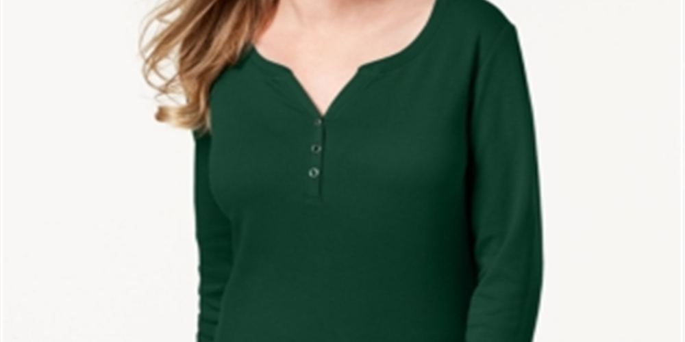 Karen Scott Women's Cotton Henley Top  Green Size XS