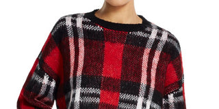 Weatherproof Women's Plaid Crew Neck Crop Sweater Red Size Medium