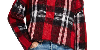 Weatherproof Women's Plaid Crew Neck Crop Sweater Red Size Medium