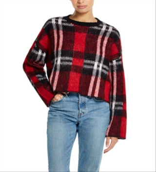 Weatherproof Women's Plaid Crew Neck Crop Sweater Red Size Medium