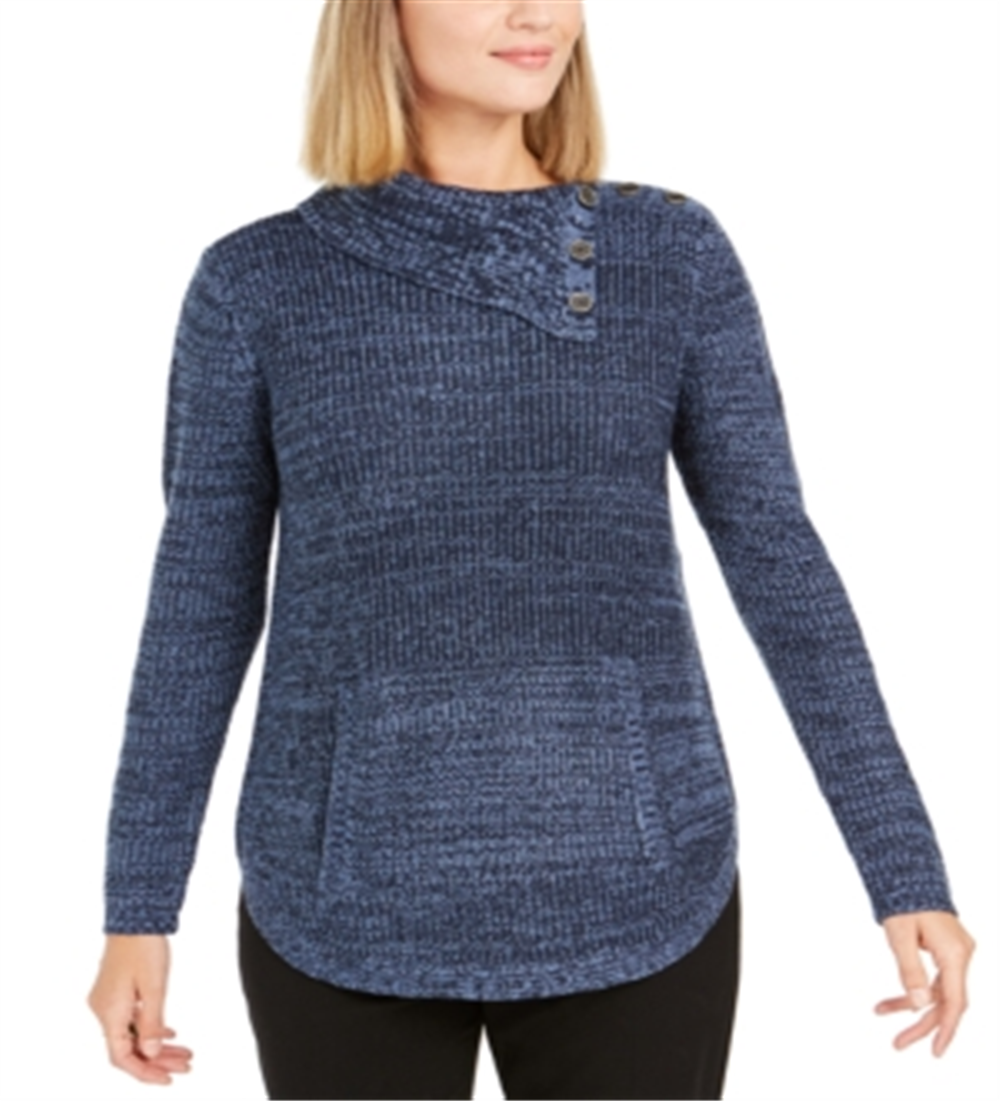 Style & Co Women's Envelope Neck Kangaroo Pocket Knit Sweater Blue Size -XL