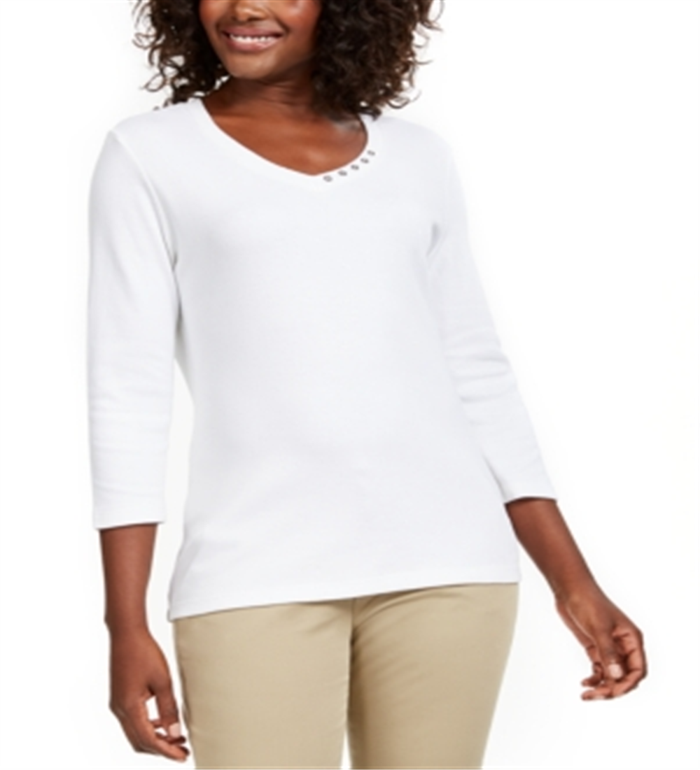 Karen Scott Women's Grommet Neck Cotton Top White Size Small