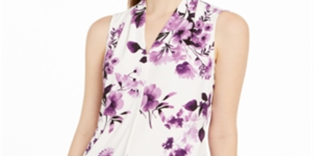 Calvin Klein Women's Sleeveless Floral Pleated Top -White  Size Small