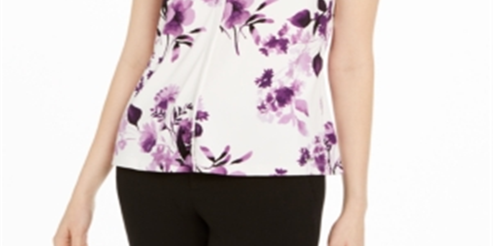Calvin Klein Women's Sleeveless Floral Pleated Top -White  Size Small