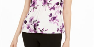 Calvin Klein Women's Sleeveless Floral Pleated Top -White  Size Small