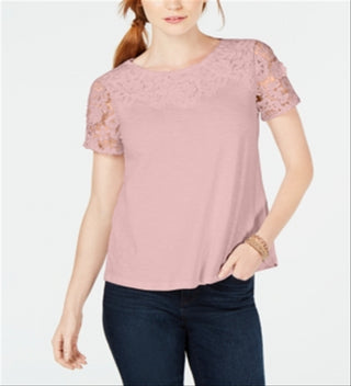 Charter Club Women's Cotton Lace Embellished T-Shirt Pink Size Small