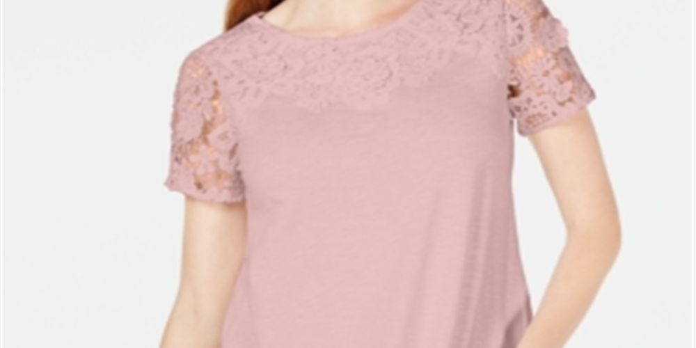 Charter Club Women's Cotton Lace Embellished T-Shirt Pink Size Small