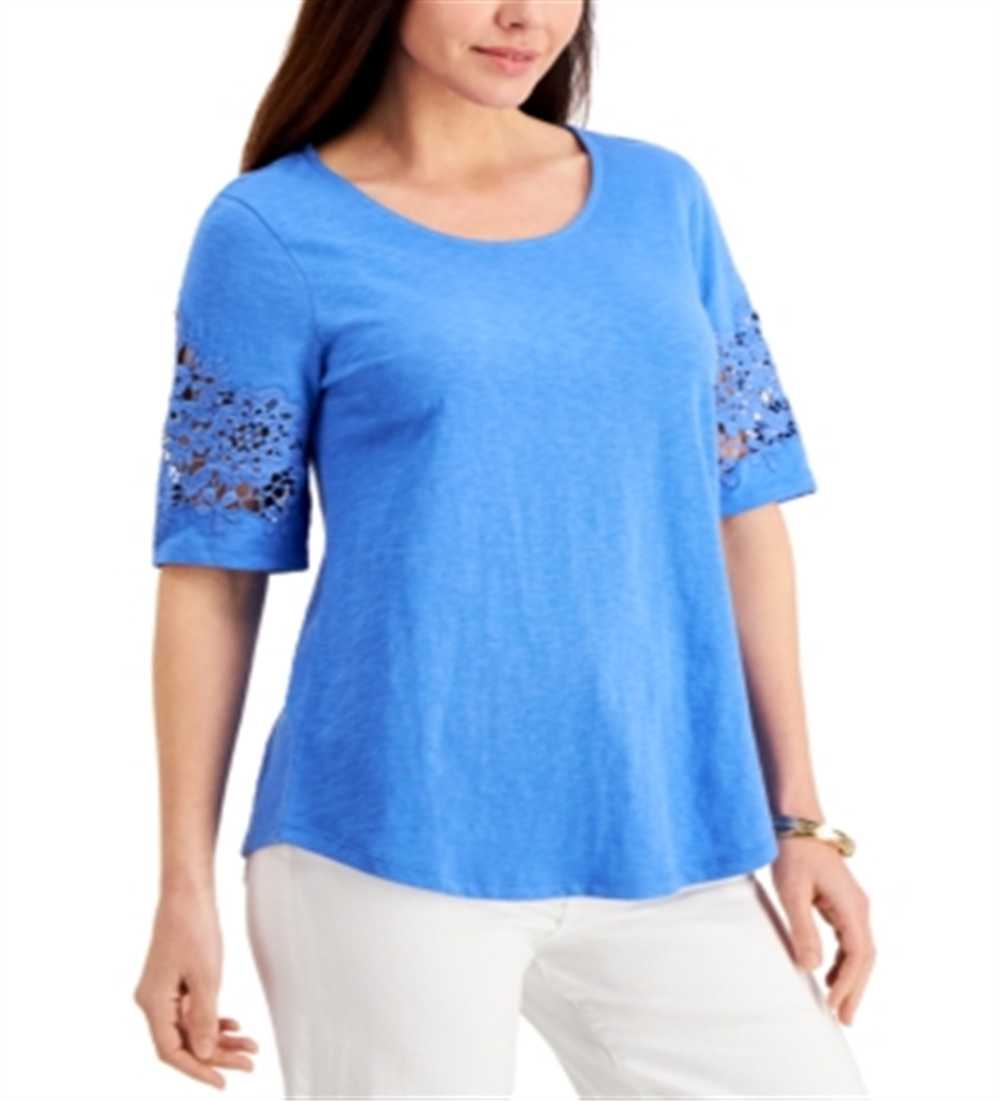 Charter Club Women's Cotton Lace TrimTop Blue Size XS