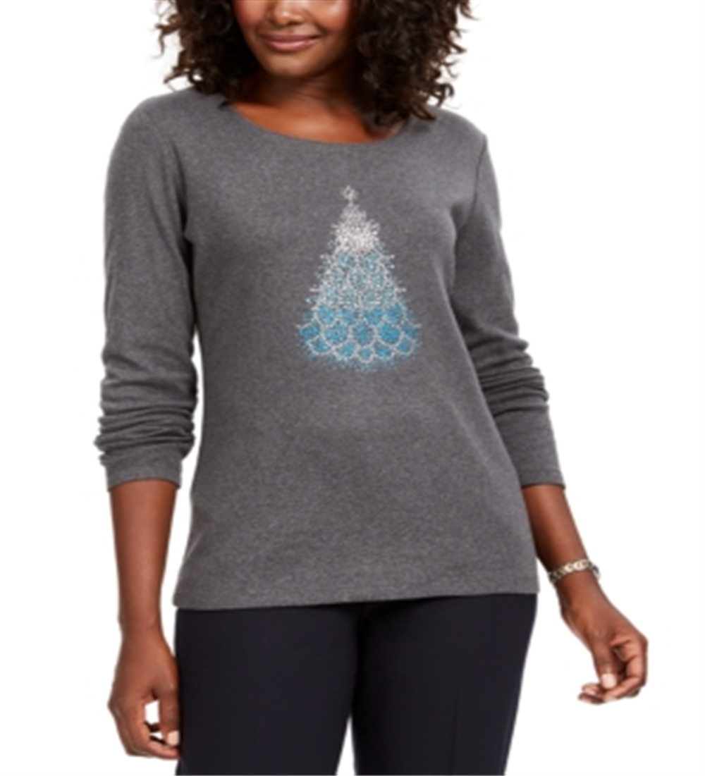 Karen Scott Women's Cotton Holiday Print T-Shirt Gray Size -Petite S
