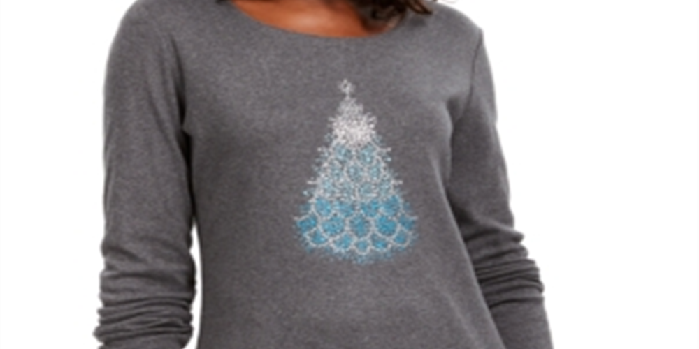 Karen Scott Women's Cotton Holiday Print T-Shirt Gray Size -Petite S