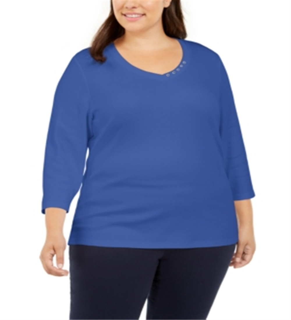 Karen Scott Women's Cotton Button Trim 3/4 Sleeve Top Blue Size 0X