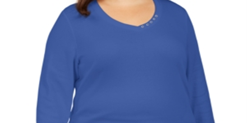 Karen Scott Women's Cotton Button Trim 3/4 Sleeve Top Blue Size 0X