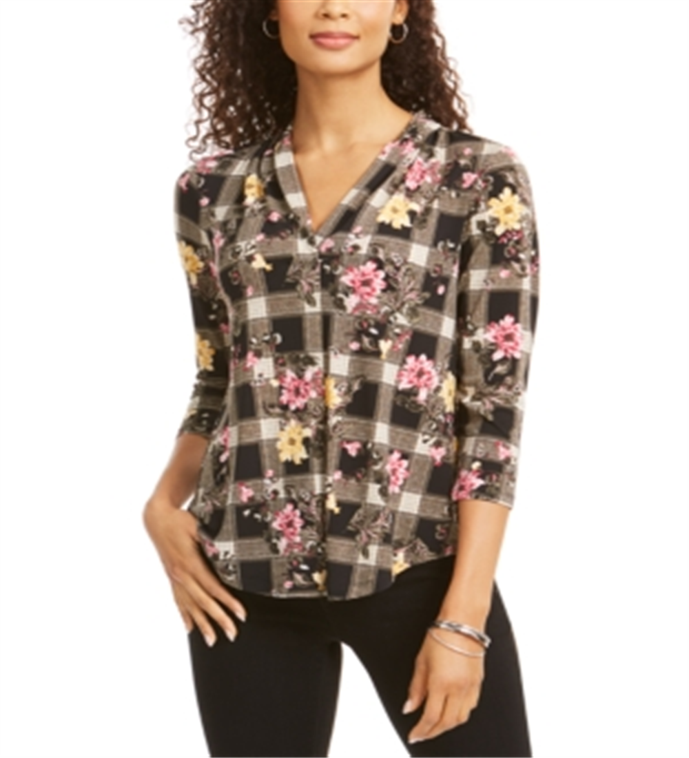 Charter Club Women's Mixed Print V Neck Top Black Size PP