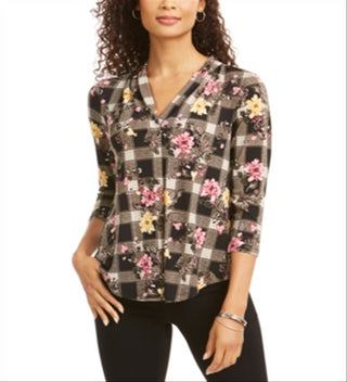 Charter Club Women's Mixed Print V Neck Top Black Size PP