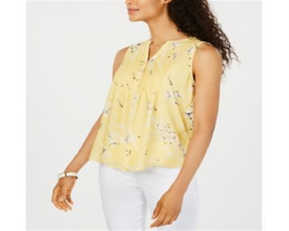 Charter Club Women's Floral Print Pintucked Top Yellow Size PP