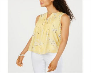 Charter Club Women's Floral Print Pintucked Top Yellow Size PP