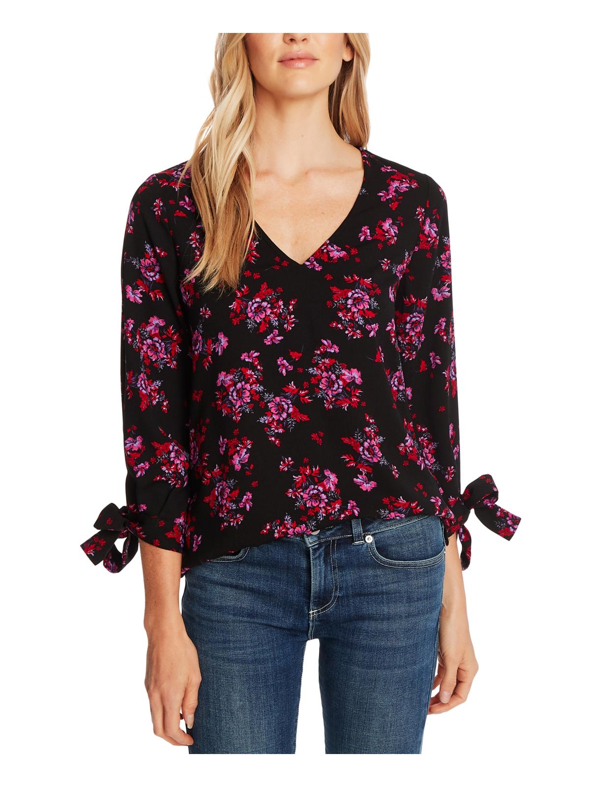 CeCe Women's V Neck Floral Print Rich Blouse Black Size M