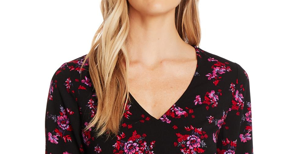 CeCe Women's V Neck Floral Print Rich Blouse Black Size M
