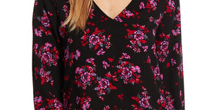 CeCe Women's V Neck Floral Print Rich Blouse Black Size M