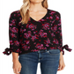 CeCe Women's V Neck Floral Print Rich Blouse Black Size M
