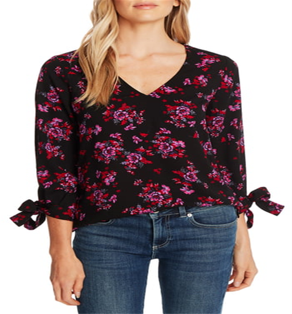 CeCe Women's V Neck Floral Print Rich Blouse Black Size M