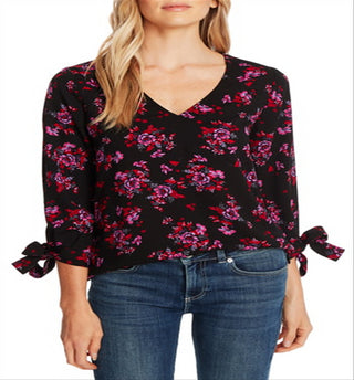 CeCe Women's V Neck Floral Print Rich Blouse Black Size M